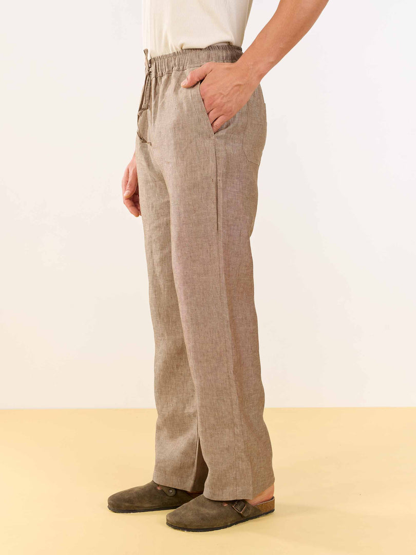 Brown Textured Linen Pull-on Pants