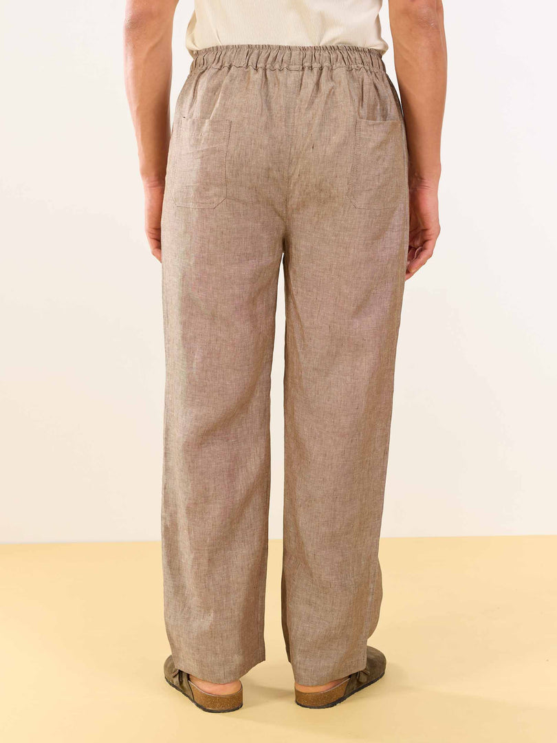 Brown Textured Linen Pull-on Pants
