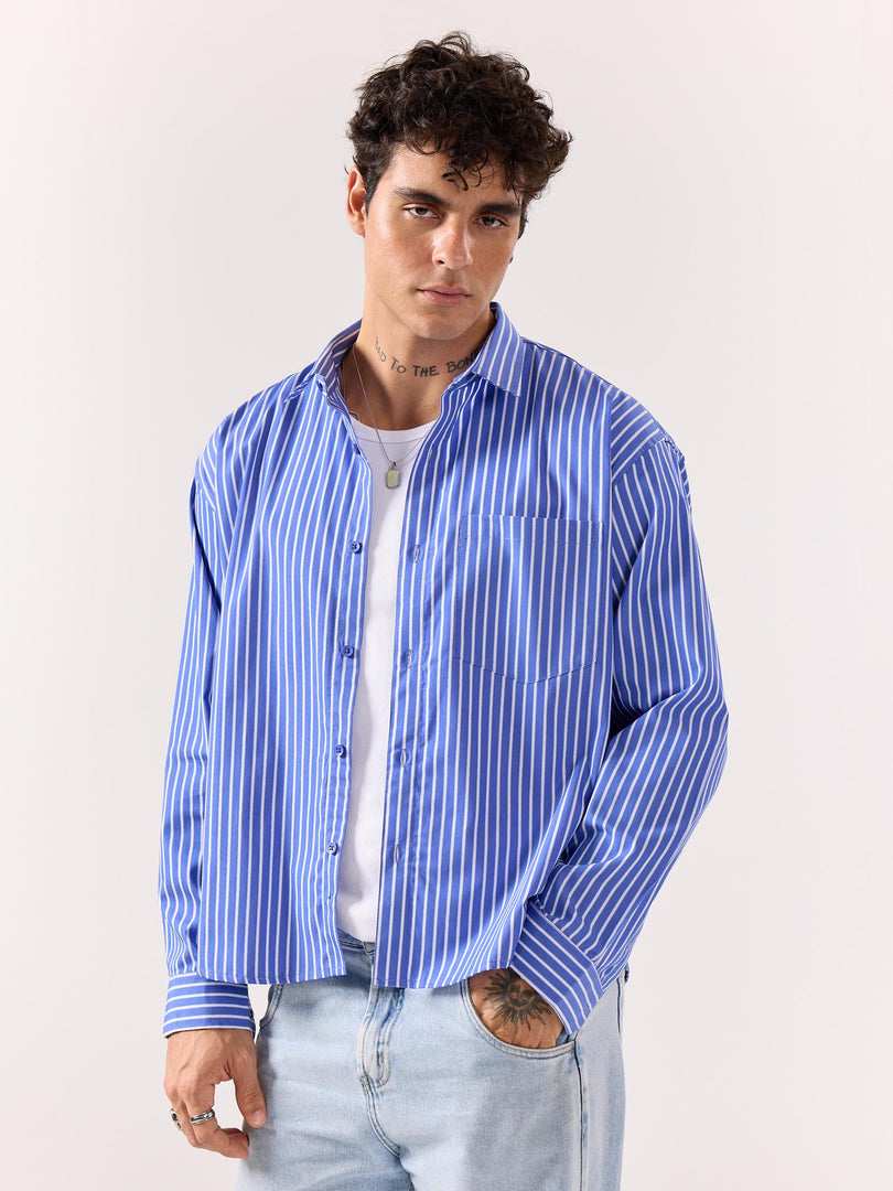 Royal Blue Striped Poplin Oversized Shirt