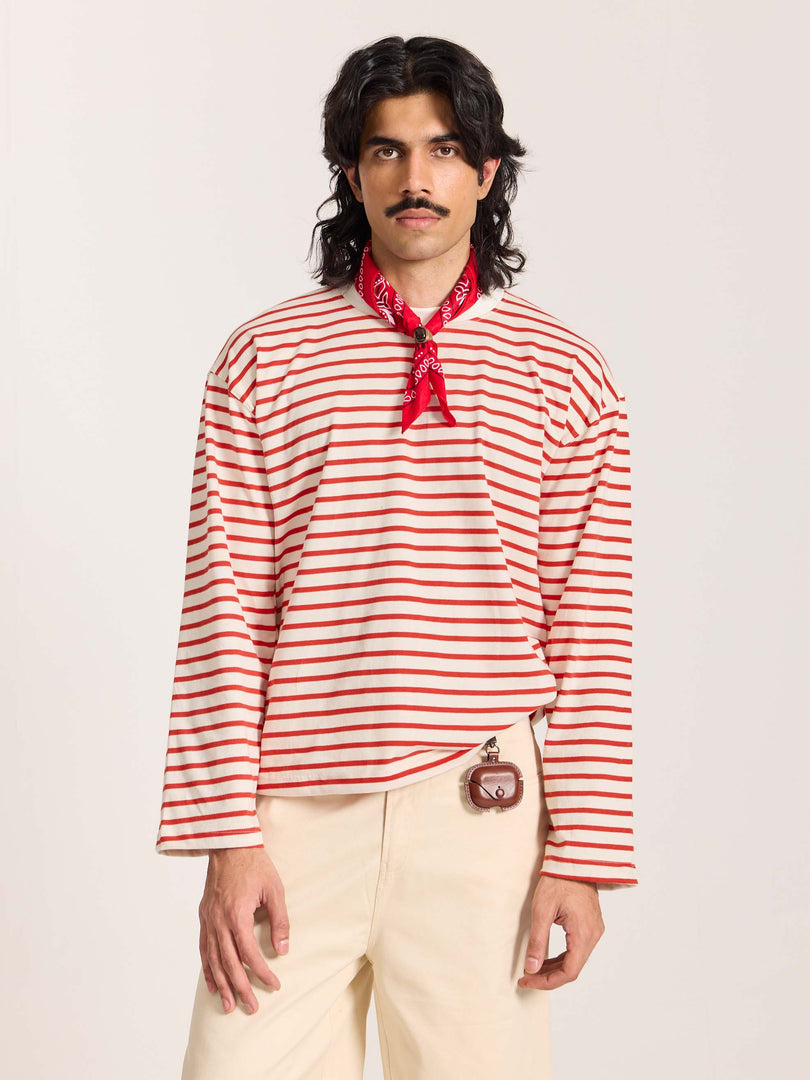 Red Striped Loose Fit Cropped T-Shirt