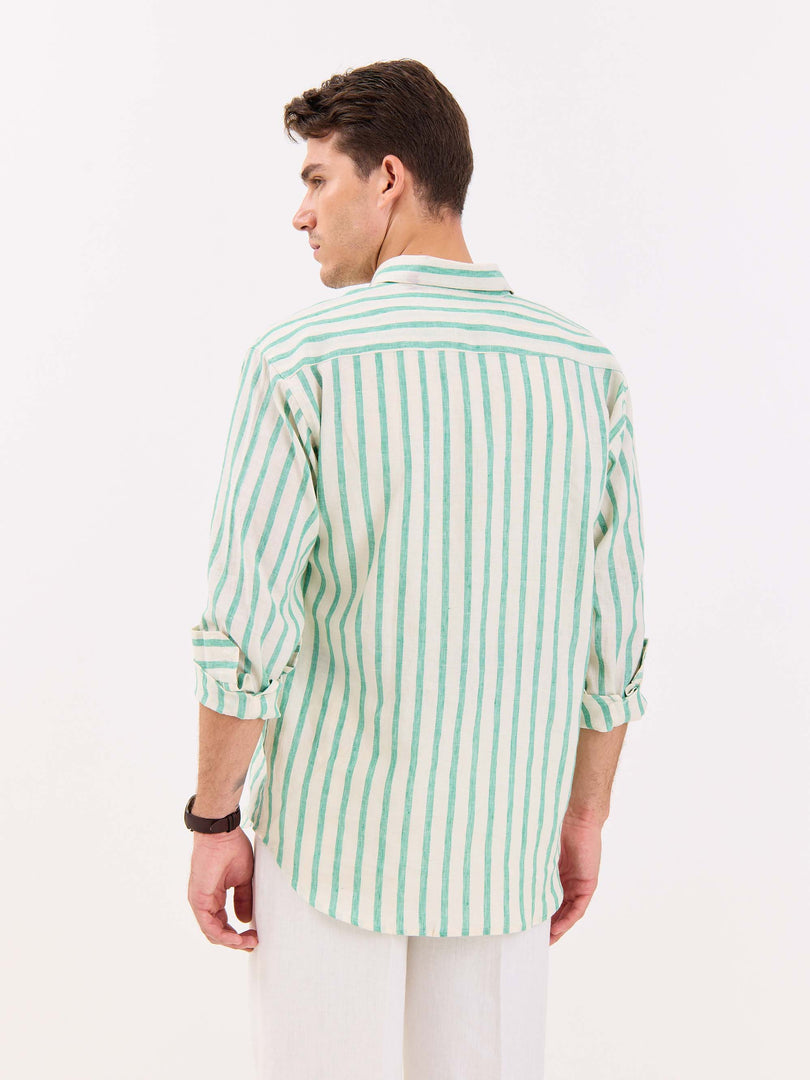 Cream & Green Striped Irish Linen Shirt