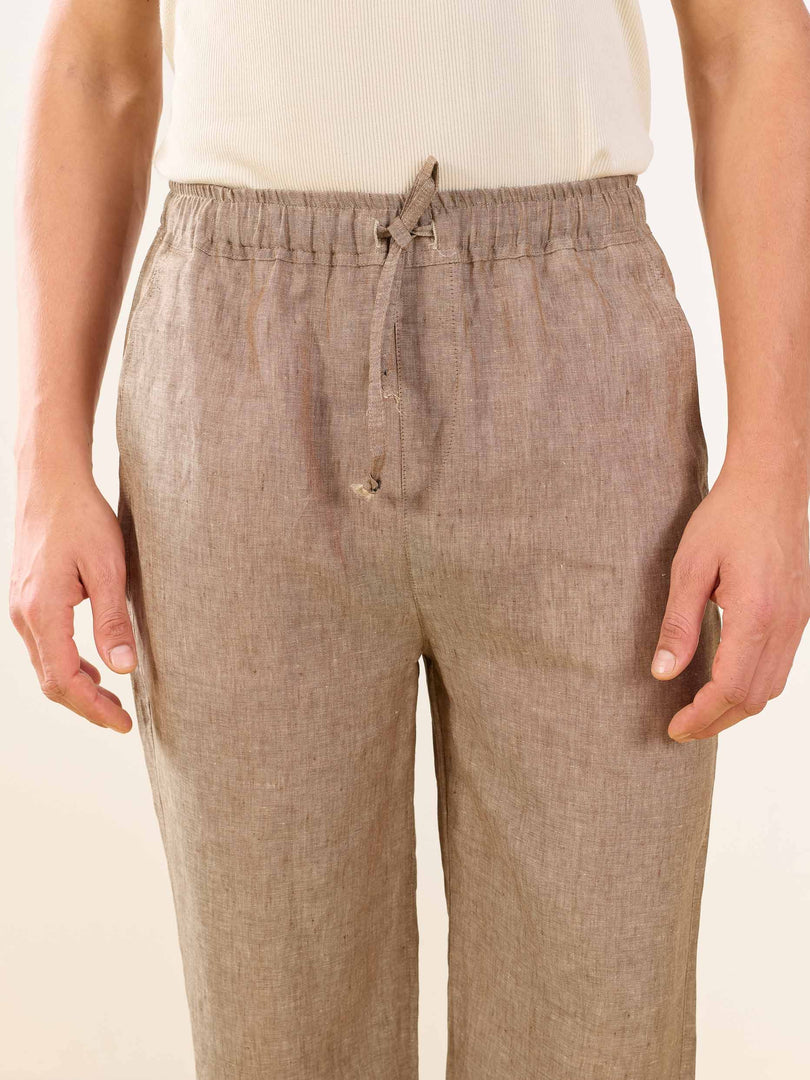 Brown Textured Linen Pull-on Pants