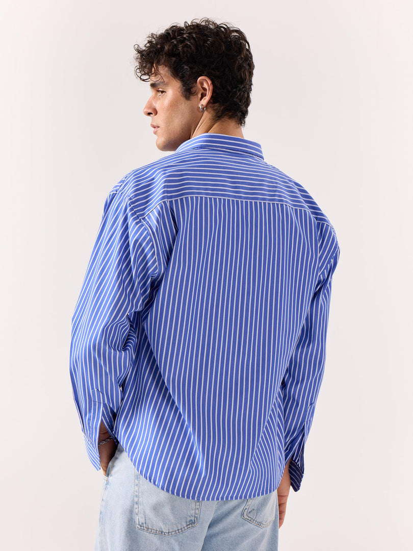 Royal Blue Striped Poplin Oversized Shirt