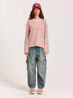 Load image into Gallery viewer, Red Striped Loose Fit Cropped T-Shirt