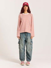 Red Striped Loose Fit Cropped T-Shirt