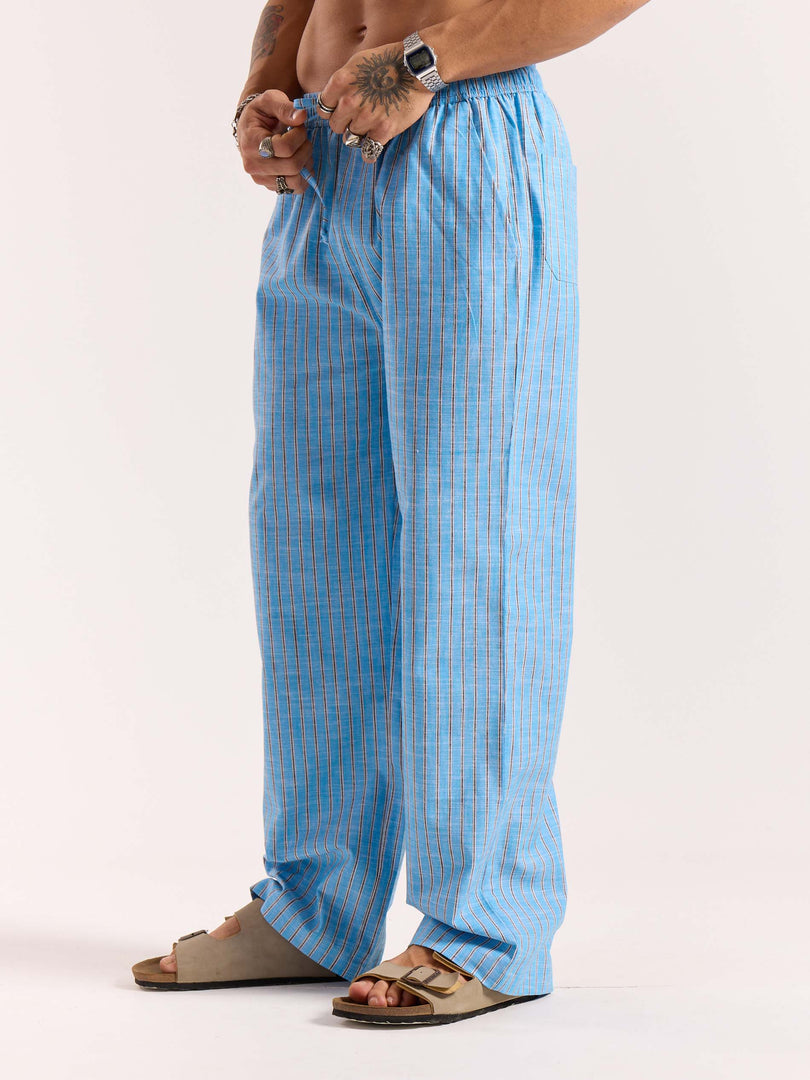 Sky Blue Striped Linen Pull-on Pants