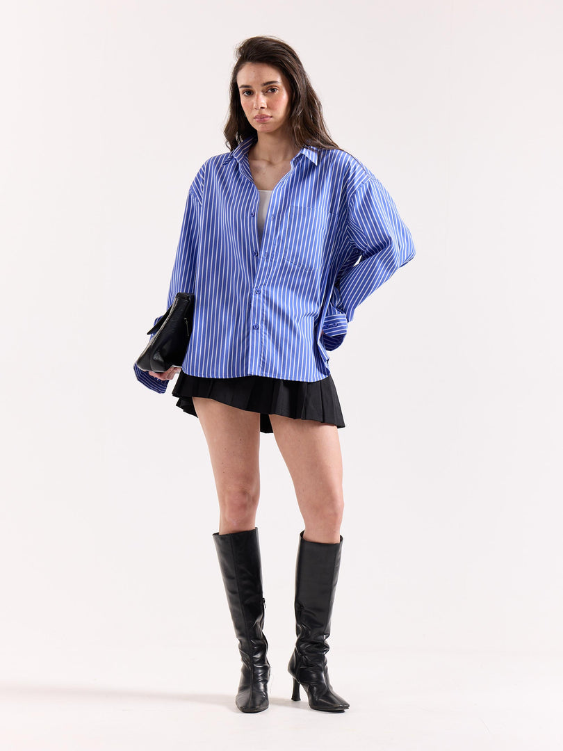 Royal Blue Striped Poplin Oversized Shirt