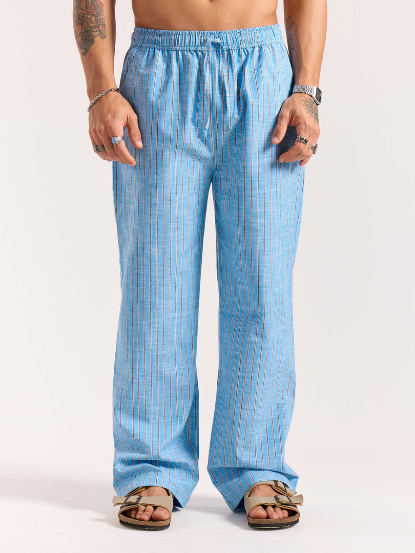 Sky Blue Striped Linen Pull-on Pants