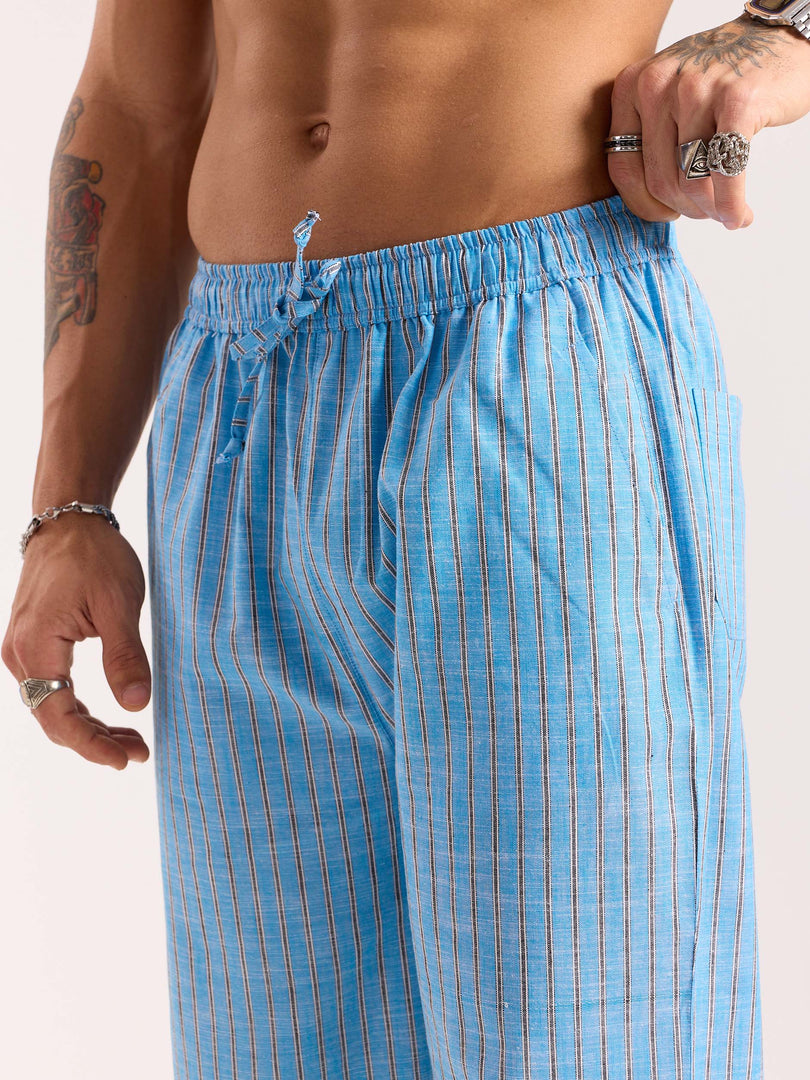 Sky Blue Striped Linen Pull-on Pants