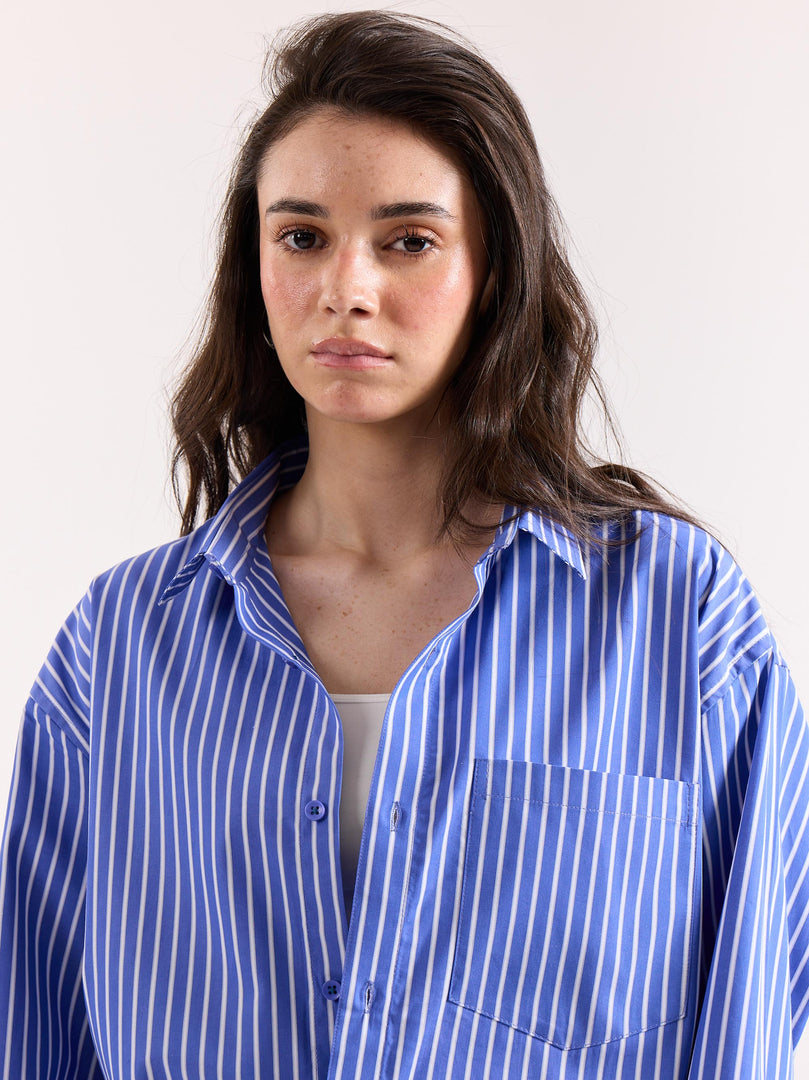 Royal Blue Striped Poplin Oversized Shirt