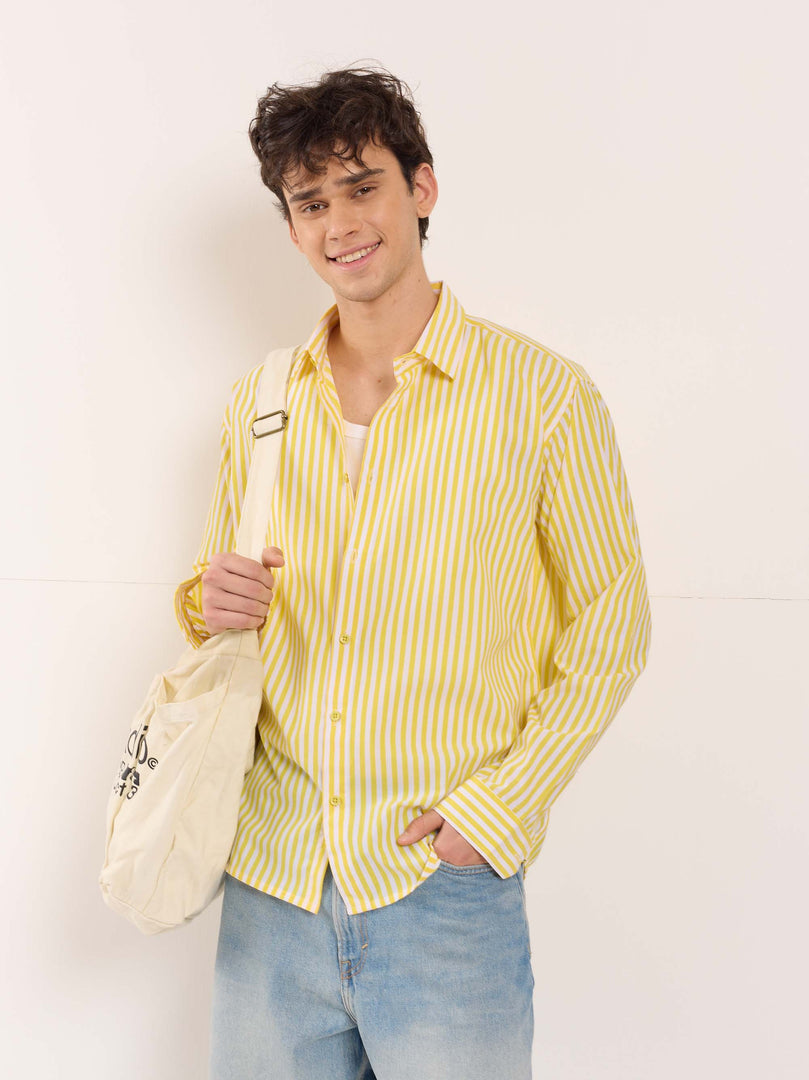 Yellow & White Poplin Striped Shirt
