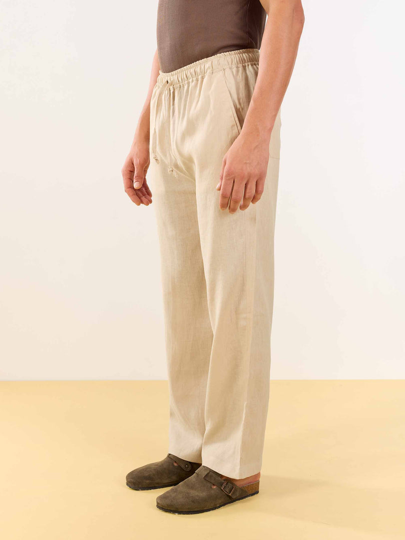 Beige Linen Pull-on Pants