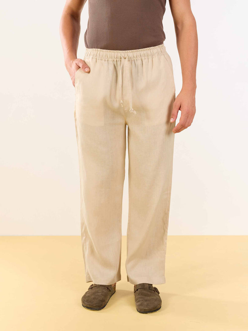 Beige Linen Pull-on Pants