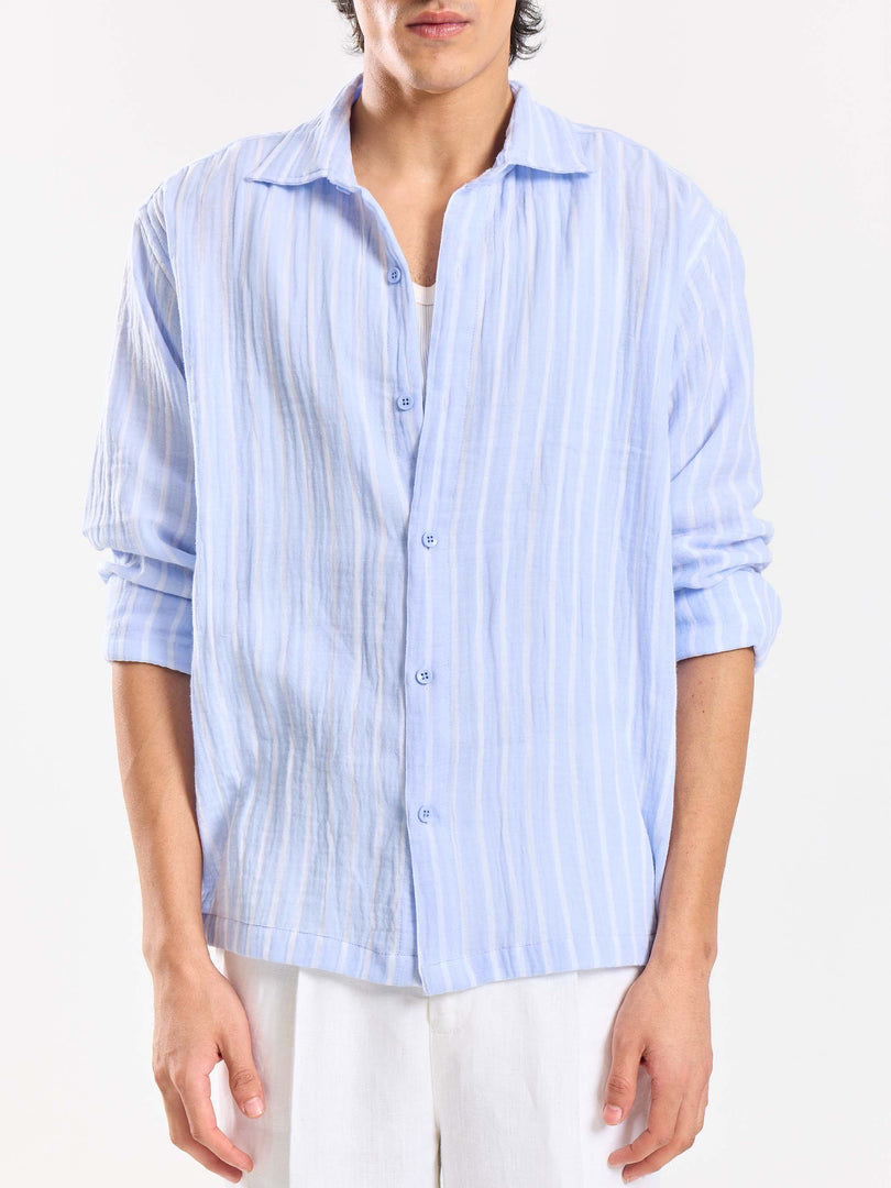 Powder Blue Striped Gauze Holiday Shirt