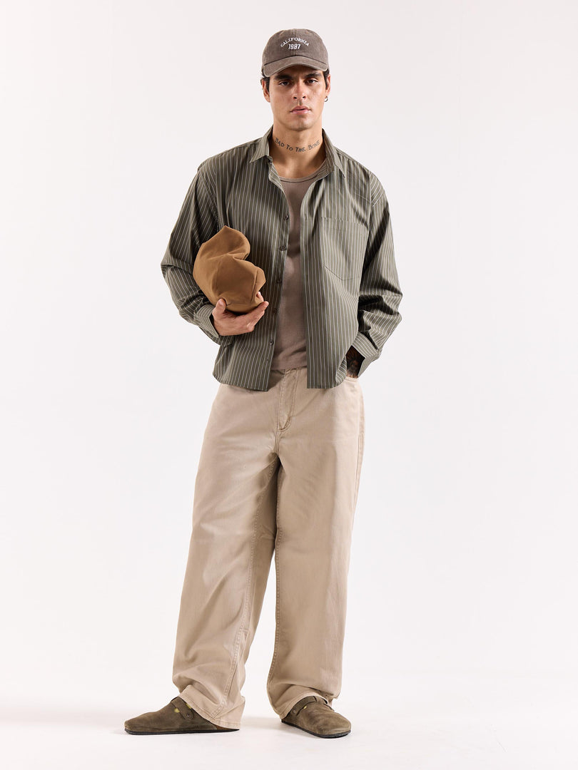 Olive Green Pinstriped Poplin Oversized Shirt