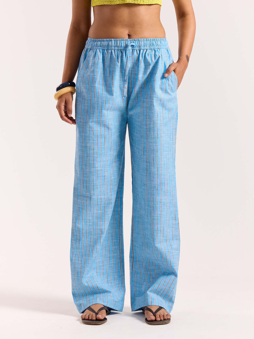 Sky Blue Striped Linen Pull-on Pants