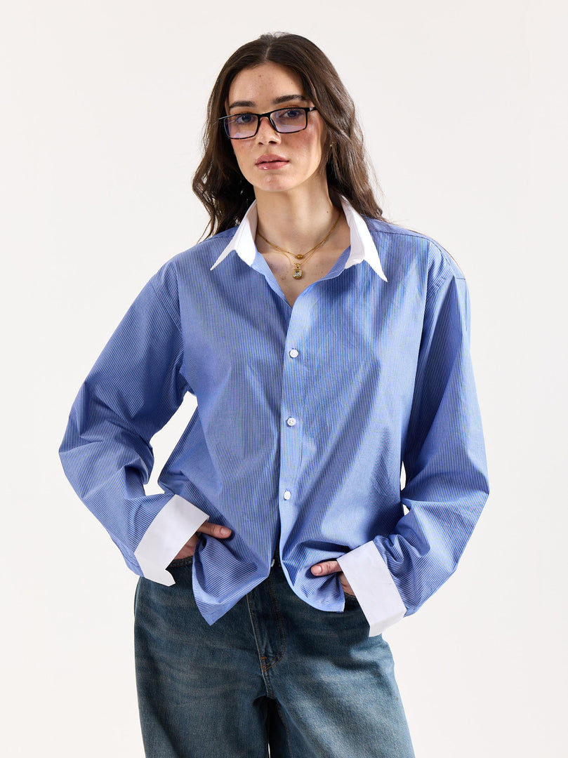 Blue Striped Contrast Collar Oversized Shirt