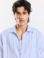Load image into Gallery viewer, Powder Blue Striped Gauze Holiday Shirt
