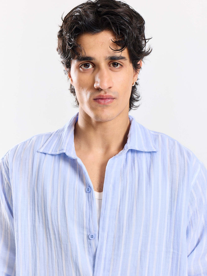 Powder Blue Striped Gauze Holiday Shirt