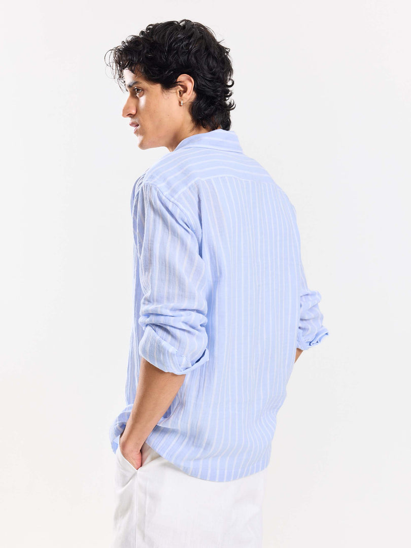 Powder Blue Striped Gauze Holiday Shirt
