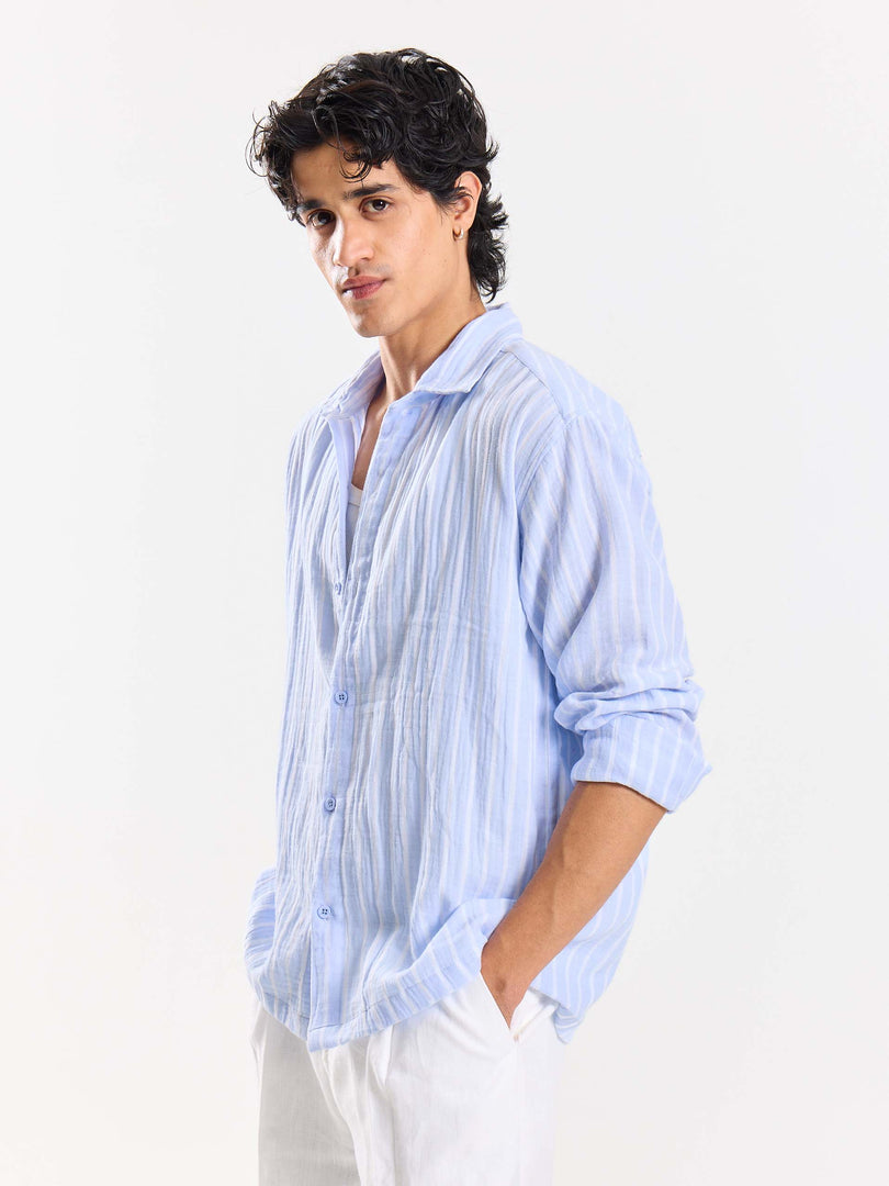 Powder Blue Striped Gauze Holiday Shirt