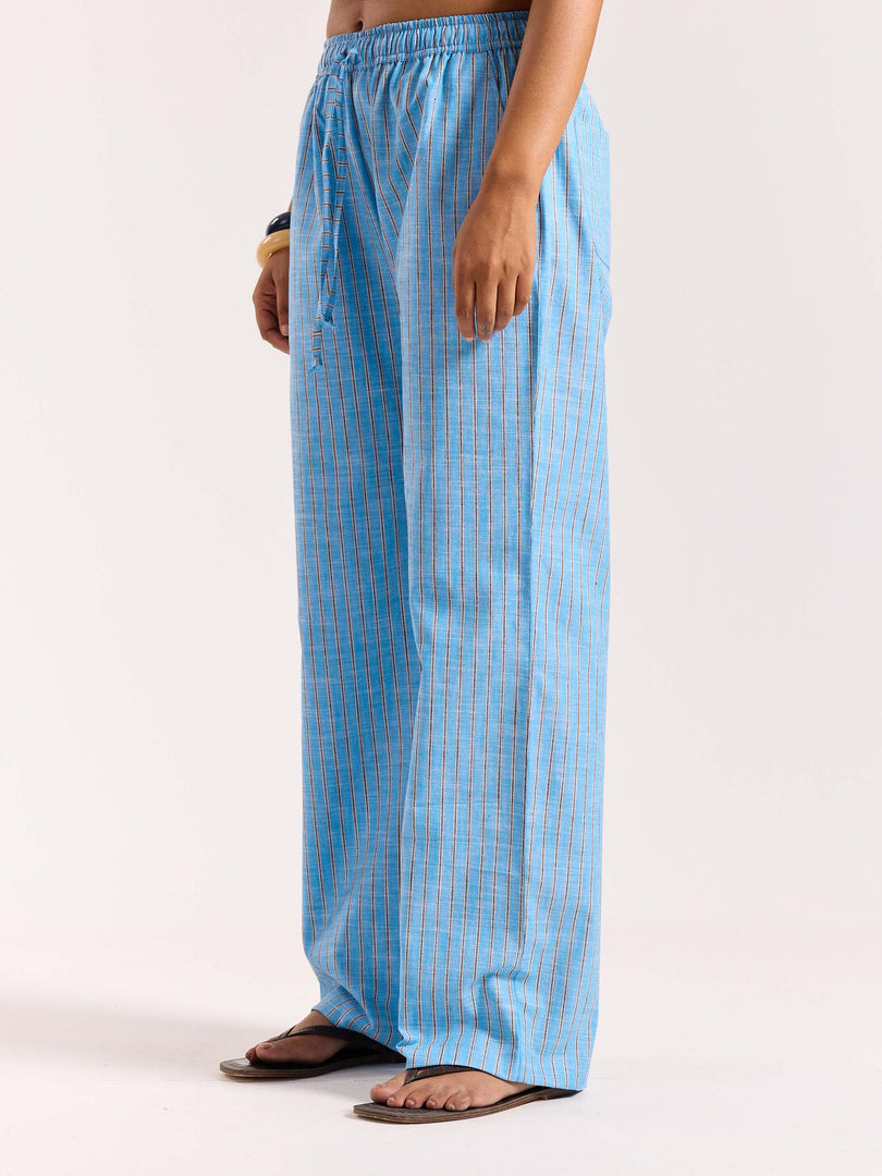 Sky Blue Striped Linen Pull-on Pants