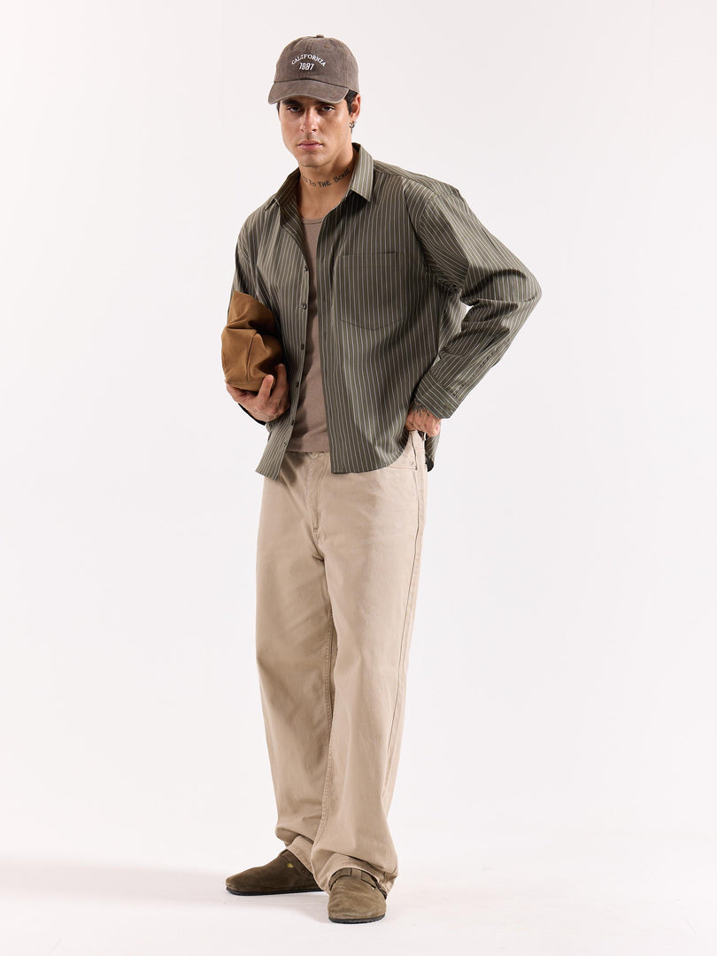Olive Green Pinstriped Poplin Oversized Shirt