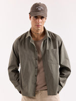 Load image into Gallery viewer, Olive Green Pinstriped Poplin Oversized Shirt