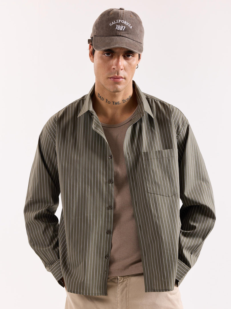 Olive Green Pinstriped Poplin Oversized Shirt