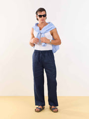 Dark Blue Linen Pull-on Pants