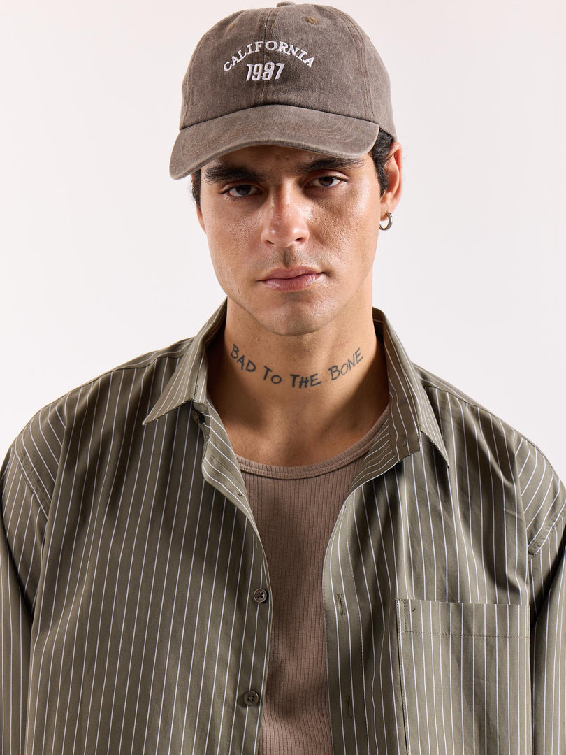 Olive Green Pinstriped Poplin Oversized Shirt
