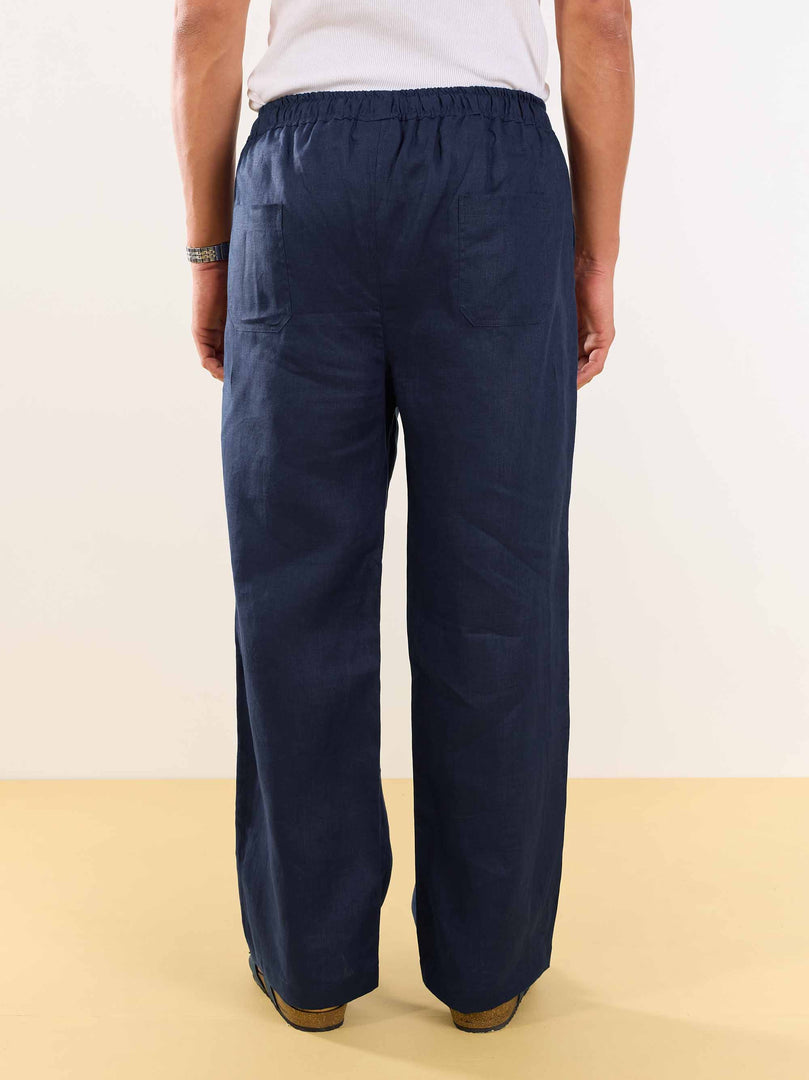 Dark Blue Linen Pull-on Pants