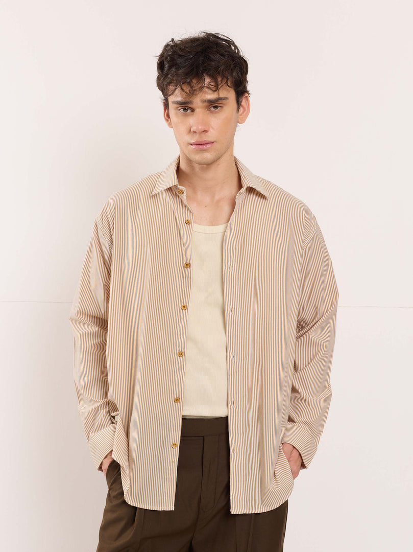 Beige Poplin Striped Shirt