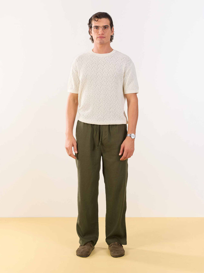 Olive Green Linen Pull-on Pants