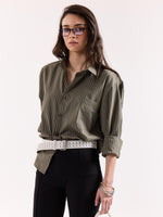 Load image into Gallery viewer, Olive Green Pinstriped Poplin Oversized Shirt