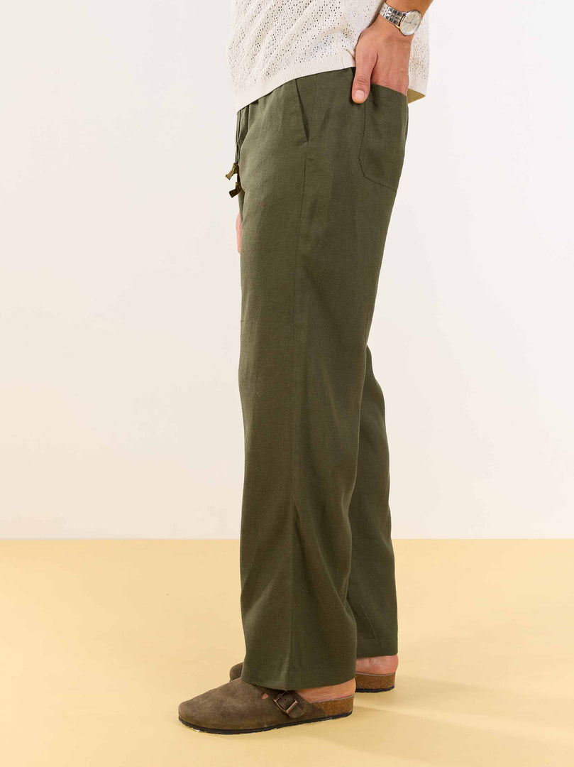 Olive Green Linen Pull-on Pants