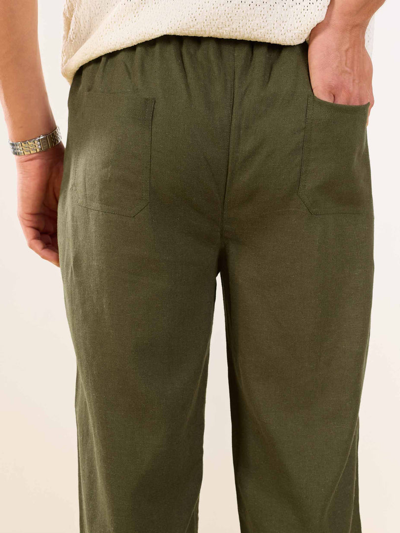 Olive Green Linen Pull-on Pants