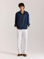 Load image into Gallery viewer, Navy Blue Linen Cropped Shirt