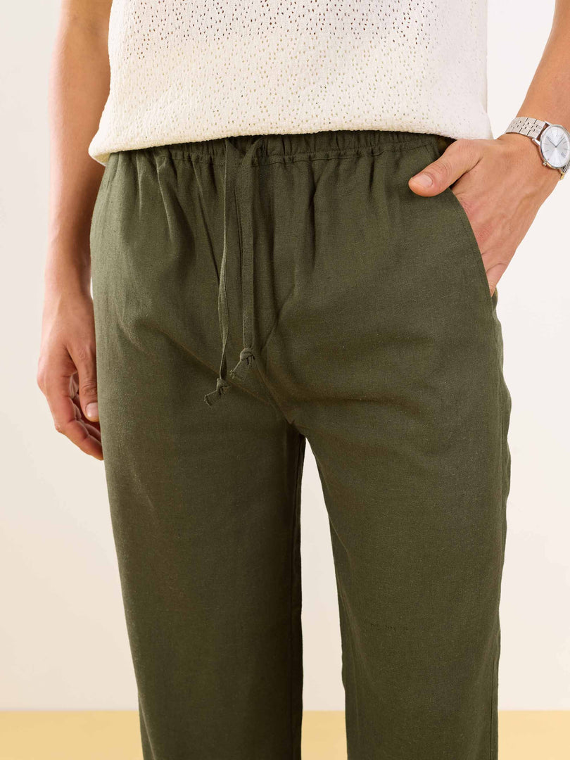 Olive Green Linen Pull-on Pants