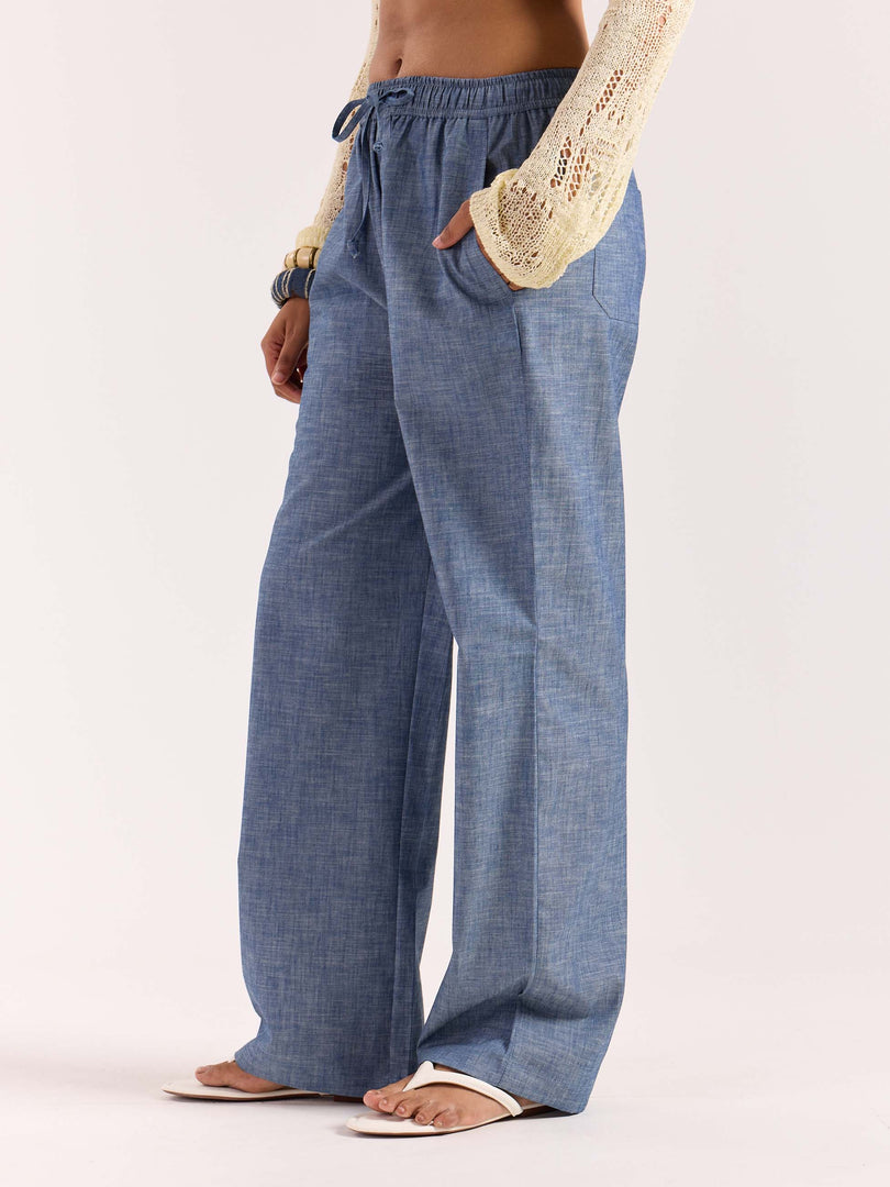 Chambray Blue Linen Pull-on Pants