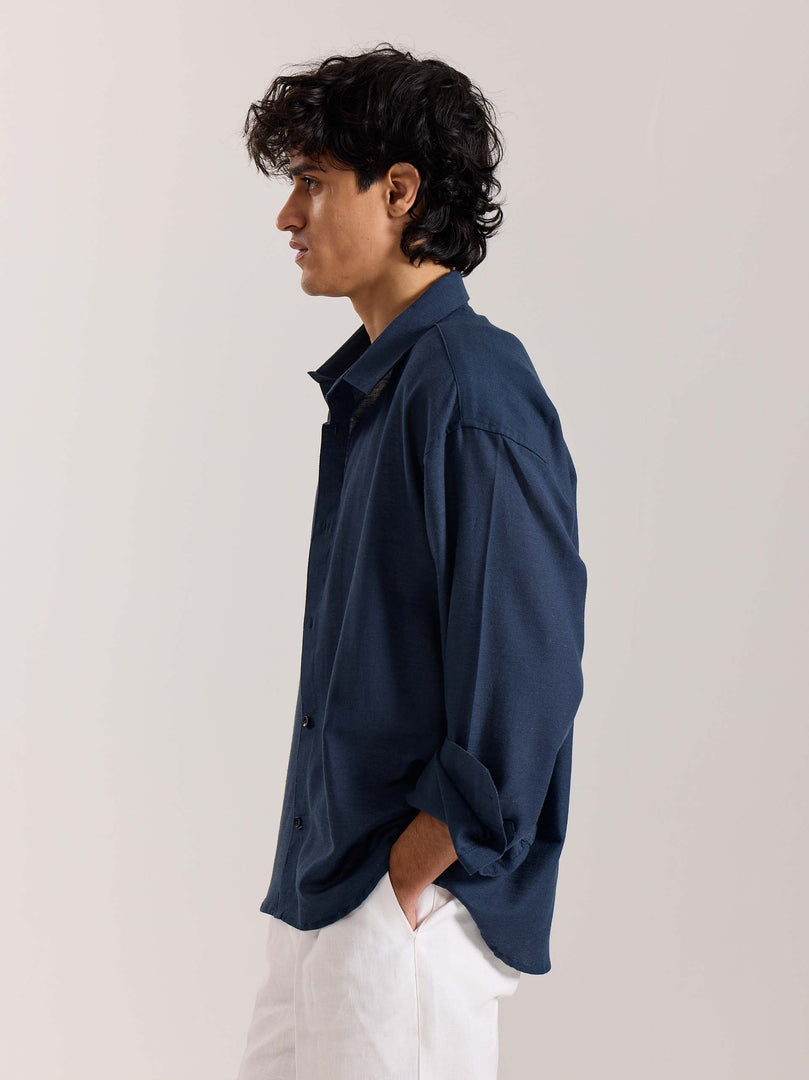 Navy Blue Linen Cropped Shirt