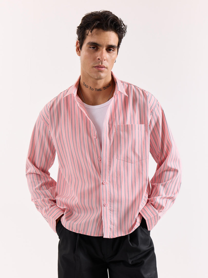 Salmon Pink & Blue Striped Poplin Oversized Shirt