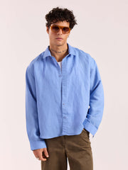 Dark Dusty Blue Linen Cropped Shirt