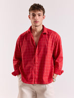 Load image into Gallery viewer, Red Checkered Linen Cropped Shirt ( Pre-Order )