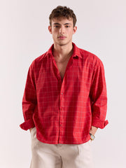 Red Checkered Linen Cropped Shirt