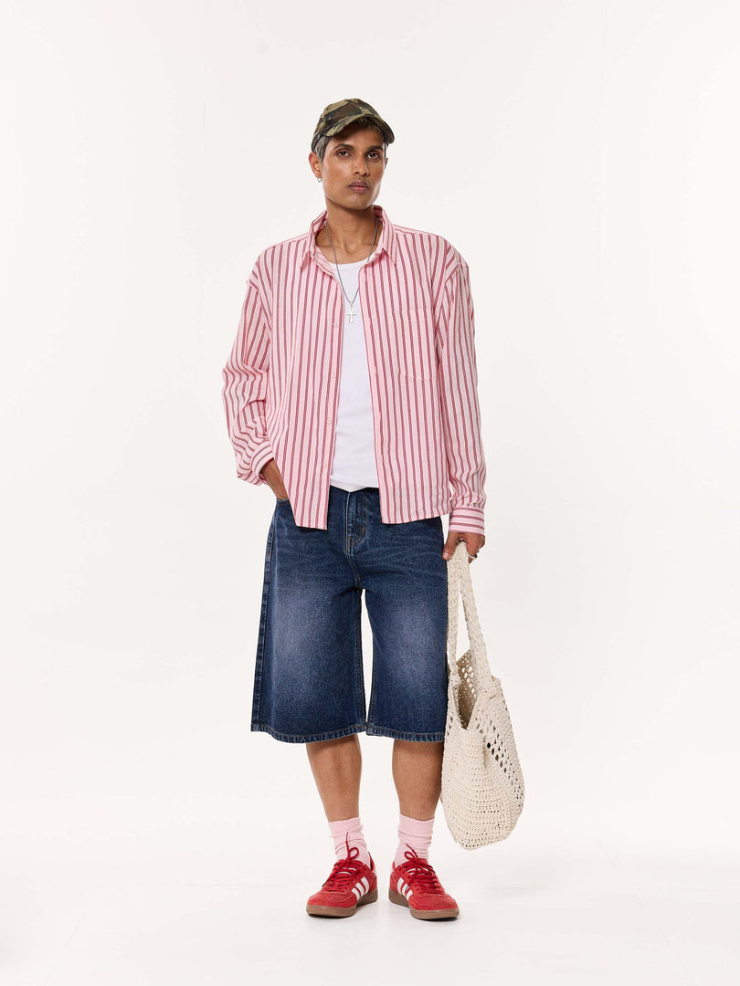 Flamingo Pink Striped Oversized Cropped Shirt