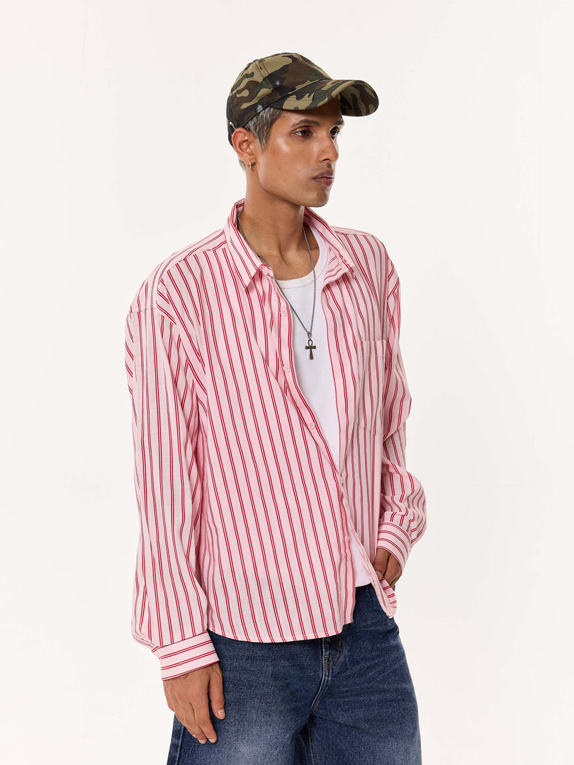 Flamingo Pink Striped Oversized Cropped Shirt