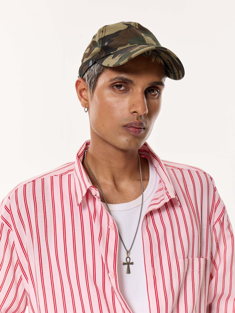 Flamingo Pink Striped Oversized Cropped Shirt