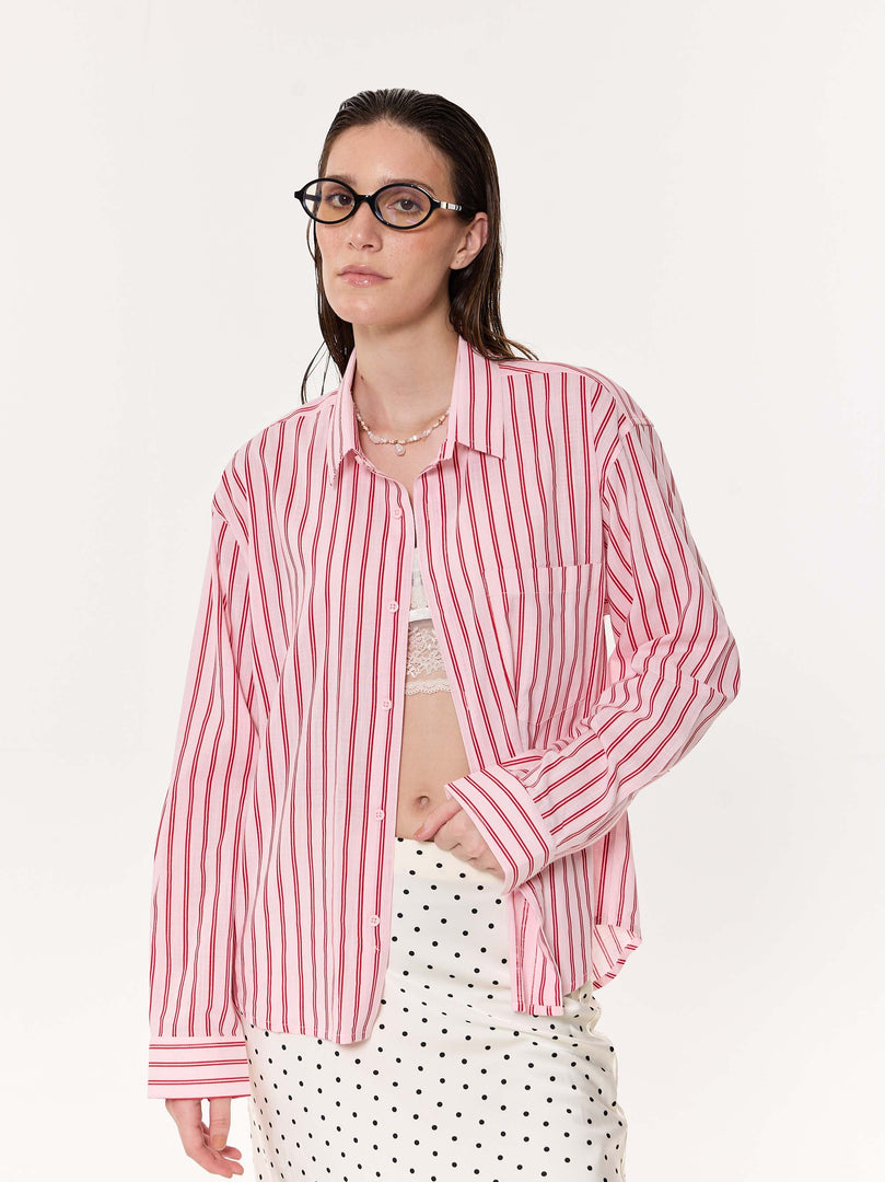 Flamingo Pink Striped Oversized Cropped Shirt