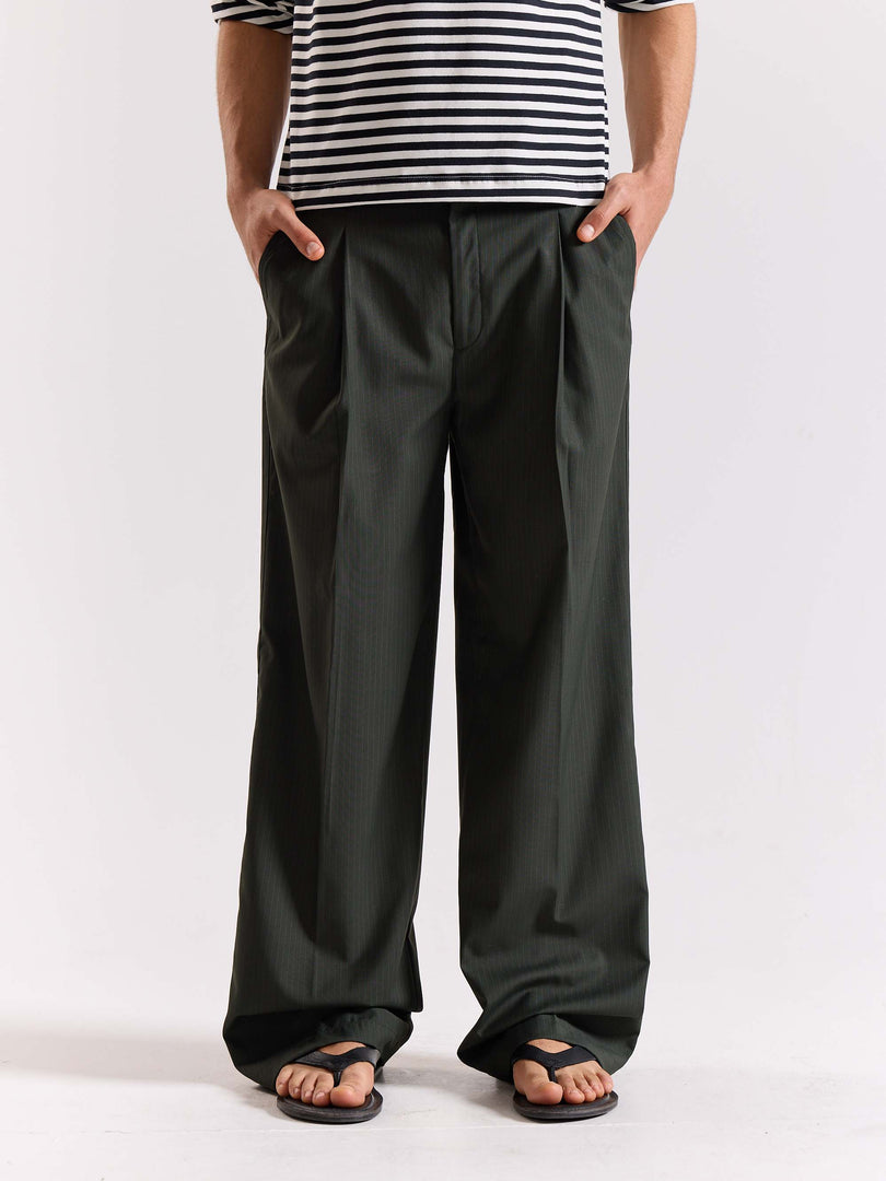 Green Pinstriped Baggy Fit Trousers